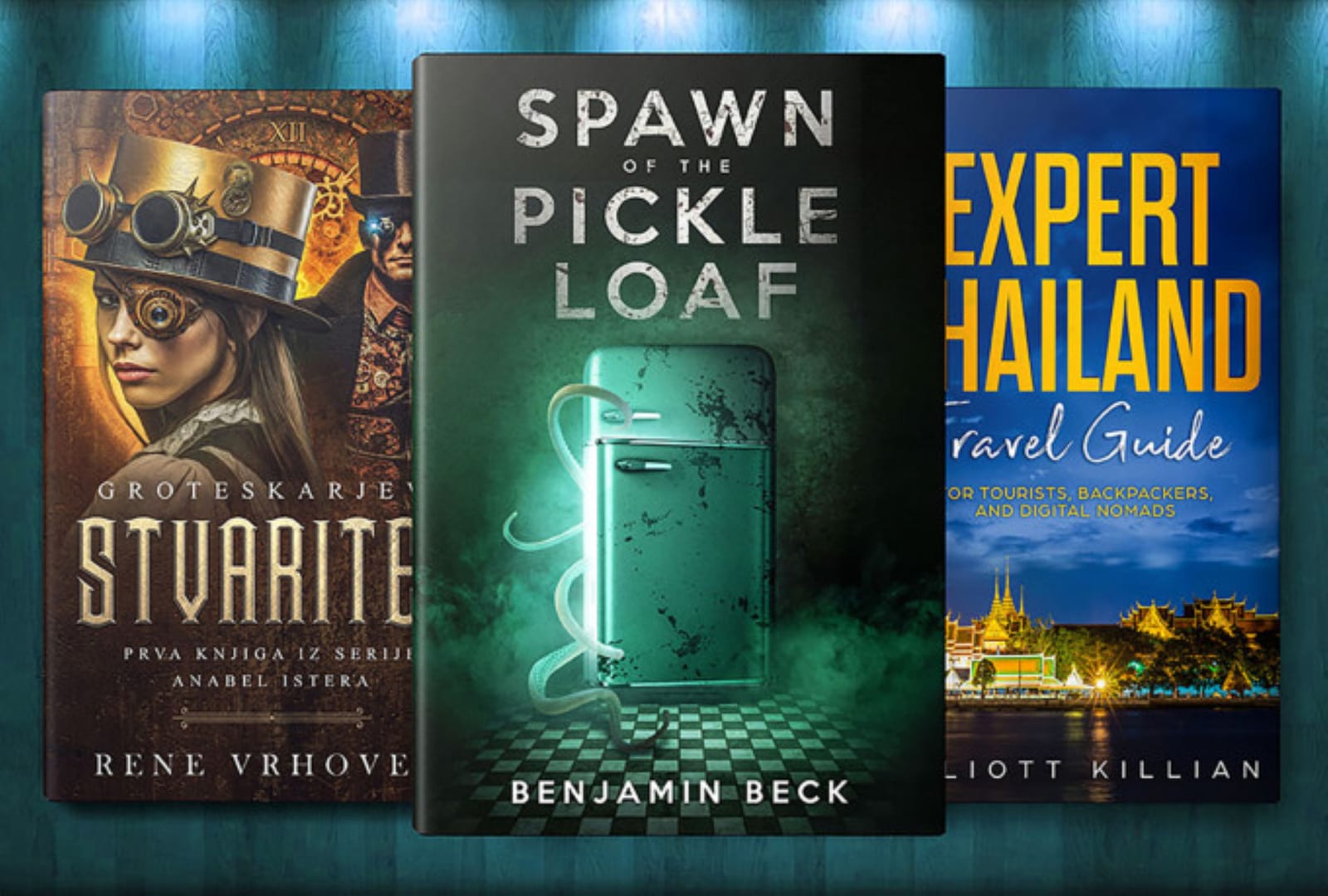 Three fiction book covers including Spawn Pickle Loaf and an Expert Thailand travel guide