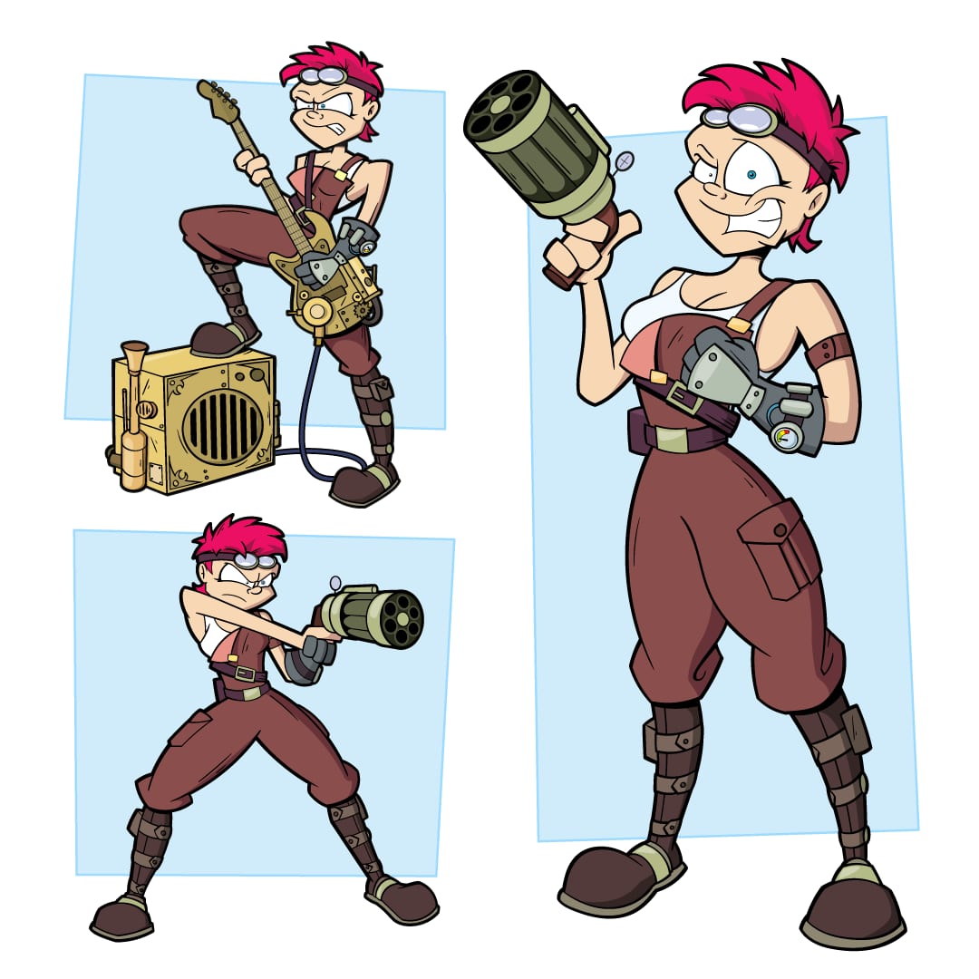 Character turnaround of a pink-haired adventurer holding a cannon