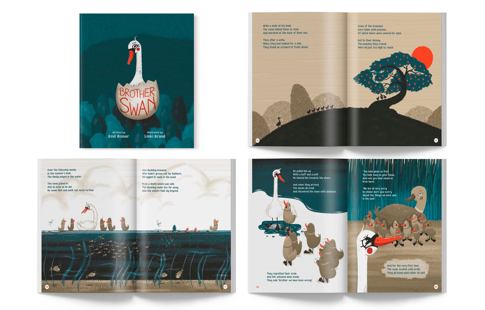 Picture book pages with a goose and woodland scenes