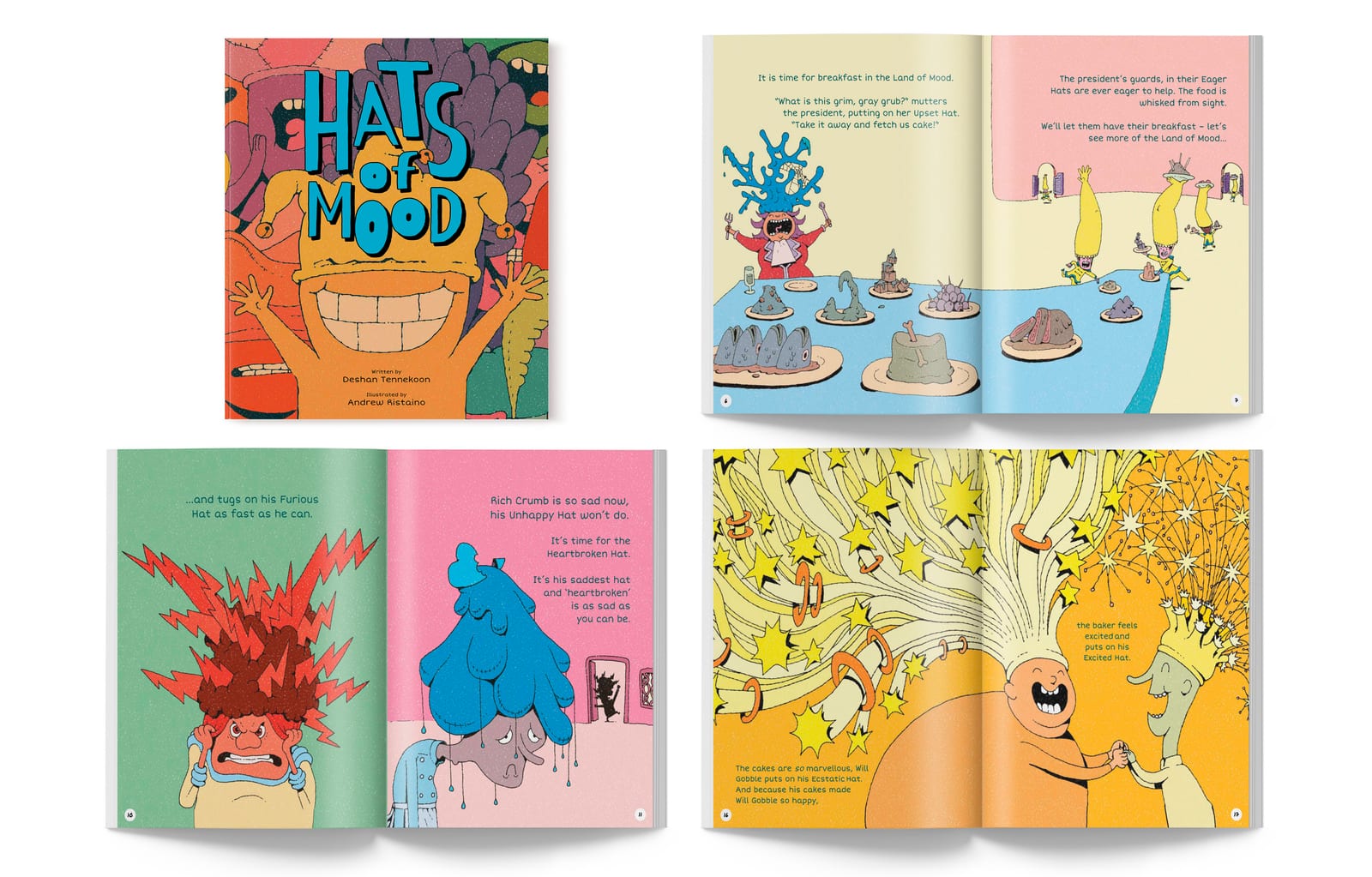 Colorful children's picture book spreads with illustrated animals