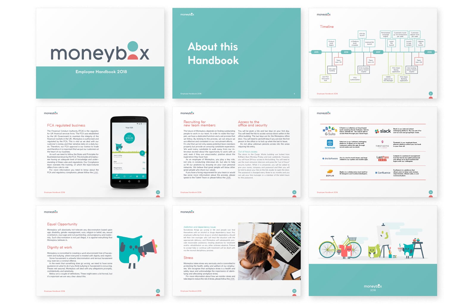 Spreads from a moneybox employee handbook with teal infographics
